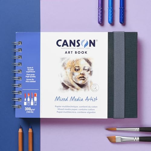 Canson Mixed Media Art Book, 5.8x8.3 inches, 56 Sheets, Blue Cloth Hardcover, Side Wire - Professional Artist Notebook for Painting, Sketching, Drawing - size: 5.8x8.3 inches