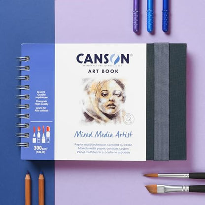 Canson Mixed Media Art Book, 5.8x8.3 inches, 56 Sheets, Blue Cloth Hardcover, Side Wire - Professional Artist Notebook for Painting, Sketching, Drawing - size: 5.8x8.3 inches