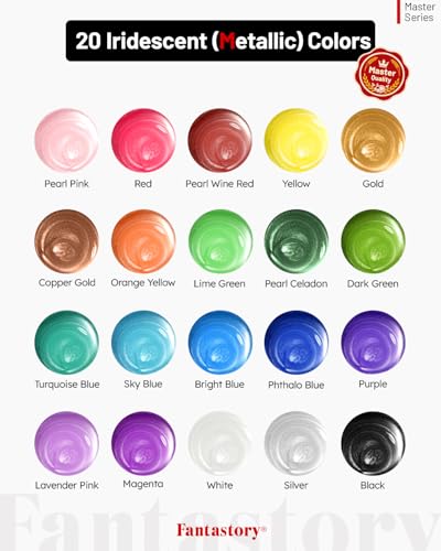 Fantastory 60ml 20 Colors Metallic Acrylic Paint Set with 12 Brushes | Professional Series, Color-Shifting, Perfect for Metal, Canvas, Rock, Stone, Ceramic, Model, Wood Painting - style: 20 Metallic Iridescent Colors