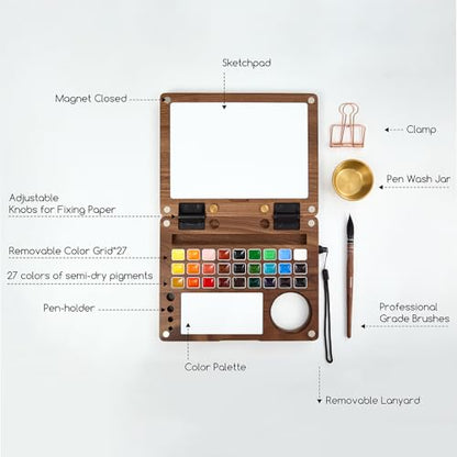 MEEDEN Watercolor Paint Set - Luxury 27 Color Collection with Black Walnut Case, Natural Squirrel Hair Brushes & Artist Grade Paints, Perfect Travel Watercolor Kit for Artists & Beginners.