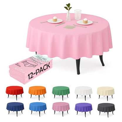 12-Pack Light Pink Plastic Tablecloths – 84 Inch Round Disposable Table Covers, Heavy Duty & Waterproof for Parties, Events, Banquets, Light Pink - color: Light Pink, size: 84" Round