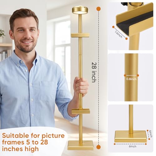 30'' Adjustable Tabletop Easel Stand with Rechargeable 13RGB Poster Light | Picture Frame Light, Picture Easels for Display,Gold Metal Picture Frame Holder Stand for Artwork, Photo,Sign. - color: Gold