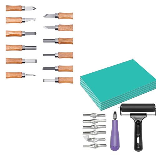 UCEC 12+7 Pack Linocut Wood Carving Tools & Linocut Block Printing Kit – Includes 5 Soft 4" x 6" Linoleum Blocks and Lino Cutting Tools with 6 Blades Universal Size, 4’’ Brayer Roller, Complete Rubber
