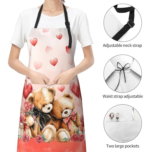 Funny Apron Polyester Grooming Aprons with Pocket for Cooking Kitchen Grilling Adults - color: Red Love Bears