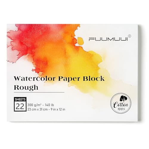 Fuumuui 9×12 Watercolor Paper Block, Textured Rough 100% Cotton Watercolor Paper, 140lb/300gsm, 22 Sheets, Acid-Free, Art Paper for Painting & Drawing, Wet, Mixed Media, Rough Grain - color: Rough, size: 9“×12”