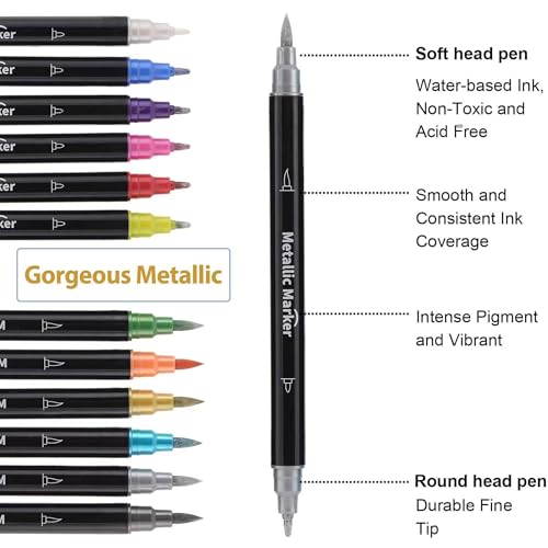 Colourcolor 12 Colors Metallic Marker Pens, Dual Tip Brush & Fine Point Pens for DIY Album, Black Cards, Rock Painting, Card Making, Scrapbooking, Fabric, Metal, Ceramics, Wine Glass - color: 12 Colors