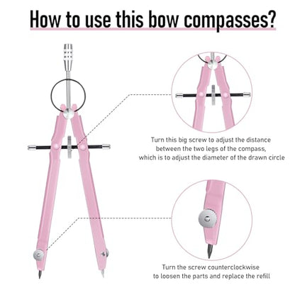 EBOOT Student Geometry Math Set, Metal Drawing Compass and 6 Inch Clear Swing Arm Protractors 180 Degree Math Protractor(Pink and Pink) - color: Pink and Pink