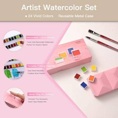 rubens Professional Watercolor Paint Set 24 Colors, High Pigment Solid Half Pans in Chic Pink Diamond-Pattern Metal Case with Ring, Aesthetic Art Gift for Beginners, Artists & Designers - color: Pink