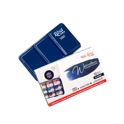 Rosa Gallery Professional Watercolor Paint Set, 12 Water Colors of 2.5 ml, High Lightfastness Paints Kit for Artists, Adult, Lightweight and Portable Metal Case - color: Classic Indigo