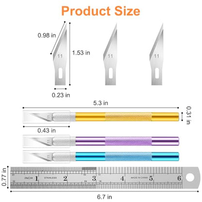 3PCS Craft Knife Hobby Knife Includes 30PCS Spare Exacto Knife Blades #11 and A Ruler, HEADLEY TOOLS Precision Exacto Knife Set Ideal for Crafting, Scrapbooking, Arts, DIY, Stencil, Carving - color: 3 Colors