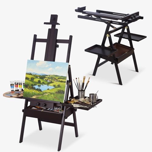 Beech Wood H-Frame Easel for Painting with Tray & Drawer, Walnut | Heavy-duty Floor Adjustable Height & Angle Studio Art Easel Stand, Holds 30"-50" Canvas, Foldable Painting Easel for Adults - color: Walnut