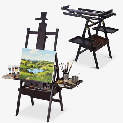 Beech Wood H-Frame Easel for Painting with Tray & Drawer, Walnut | Heavy-duty Floor Adjustable Height & Angle Studio Art Easel Stand, Holds 30"-50" Canvas, Foldable Painting Easel for Adults - color: Walnut