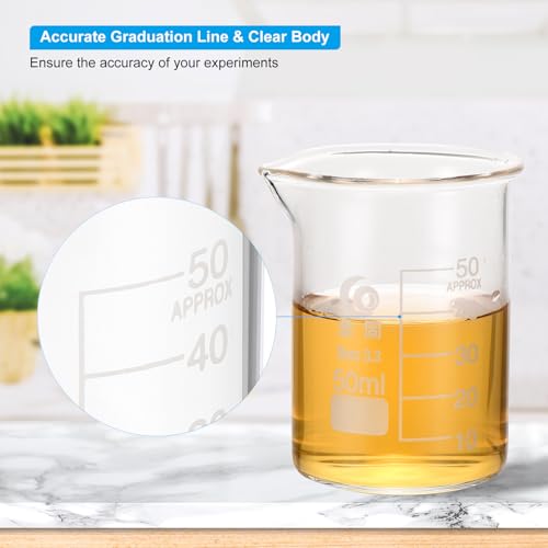 PATIKIL 50ml Low Form Glass Beaker, 4Pcs 3.3 Borosilicate Glass Beakers Graduated Measuring Cup with Spout for Lab Experiment, Cooking and Baking, Clear - size: 50ml