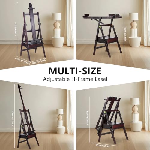 Beech Wood H-Frame Painting Easel with Storage Drawer, Walnut | Heavy-duty Studio Easel, Adjustable Height & Angle Floor Easel Stand, Holds 30"-50" Canvas, Foldable Artist Easel for Adults - color: Walnut
