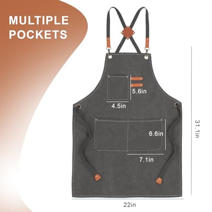 Men's Canvas Tool Apron, Heavy Duty Multi-Pocket Work Apron for Woodworking Gardening Bartender Adjustable Straps - color: Dark Grey