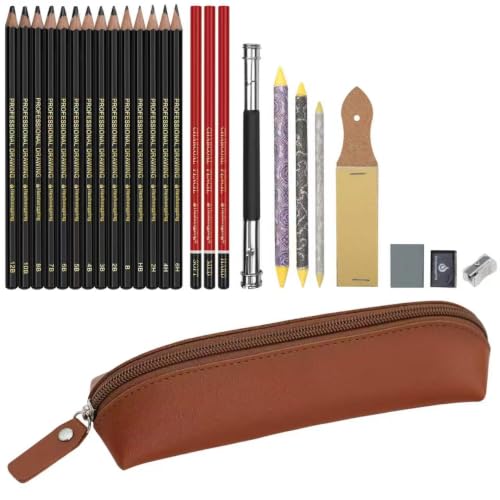 Heshengping, Sketching and Drawing Pencils Set-26pcs,Art Supplies Drawing Kit,Graphite Charcoal Professional Pencils Set, Adults Beginners Artist - style: Brown | 26 Pack