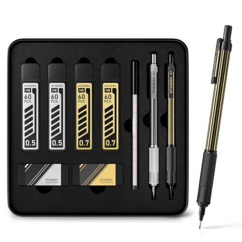 STAGEEK Metal Mechanical Pencil Set, 0.5 & 0.7mm Drafting Pencil Gift Set - color: Gold+Sliver（0.5+0.7mm）