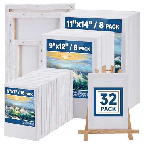 32 Packs Professional Stretched Canvas for Painting, Blank Canvas Art with 5 * 7in, 9 * 12in, 11 * 14in, Value Pack for Acrylic, Oil, Acrylic Pouring - size: 32 Pack Mixed - 11×14IN 9×12IN 5×7IN
