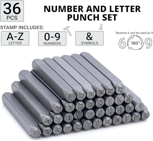 NEIKO 02630A Number and Letter Punch Set with Heat-Treated Steel Punches, Imprinting & Arts and Crafts, 3/32" (2.5MM) Shaft, 36 Pc Stamp Set, Uppercase Letter & Number Punch Set (A-Z / 0-8 / "&") - size: 2.5mm - 3/32"
