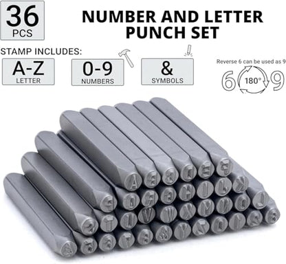 NEIKO 02630A Number and Letter Punch Set with Heat-Treated Steel Punches, Imprinting & Arts and Crafts, 3/32" (2.5MM) Shaft, 36 Pc Stamp Set, Uppercase Letter & Number Punch Set (A-Z / 0-8 / "&") - size: 2.5mm - 3/32"