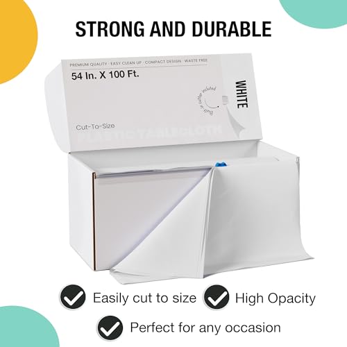 Exquisite Party Solids 54 Inch X 100 Feet White Plastic Table Cover Roll in A Cut - to - Size Box with Convenient Slide Cutter. Cuts Up to 12 Rectangle 8 Feet Plastic Disposable Tablecloths - color: White, size: 100 Feet