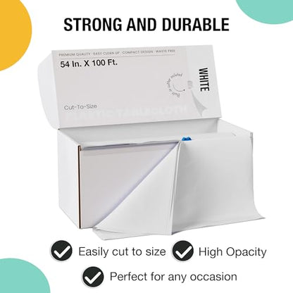 Exquisite Party Solids 54 Inch X 100 Feet White Plastic Table Cover Roll in A Cut - to - Size Box with Convenient Slide Cutter. Cuts Up to 12 Rectangle 8 Feet Plastic Disposable Tablecloths - color: White, size: 100 Feet