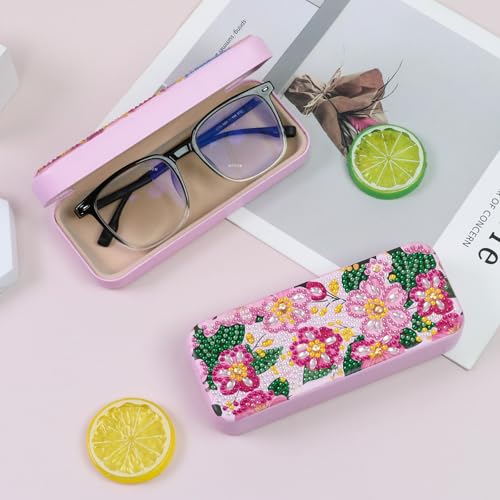 FlyingMage 5D Diamond Art Painting Kit for Adults Beginner, Small DIY Diamond Dots Gem Art Painting Mosaic Kits, Cute Hard Shell Sunglasses Eyeglasses Glasses Case for Women Teen, Sakura - color: Pink Flower