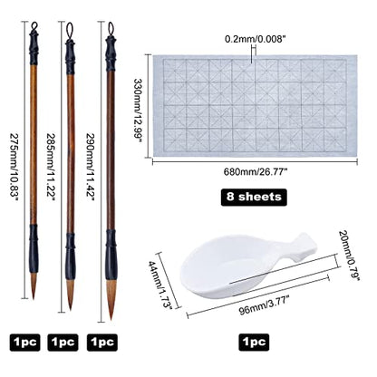 PH PandaHall 12pcs Chinese Calligraphy Set, 8pcs Water Writing Cloth Paper 3 Styles Traditional Calligraphy Brushes Water Dish for Chinese New Year Calligraphy Practice Japanese Sumi Drawing Painting - color: Grey
