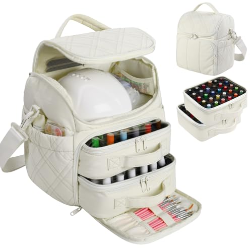 FCQQYWZ Nail Polish Organizer with 2 Detachable Cases Hold 60 Bottles & Nail Lamp, Portable Nail Organizers and Storage with Handle & Shoulder Strap, Travel Nail Bag for Manicure Tools - color: 60-Bottles-Beige