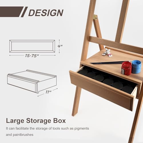 Large Solid Beech Wood Painting Easel H-Frame with Storage Drawer - color: Wooden Normal