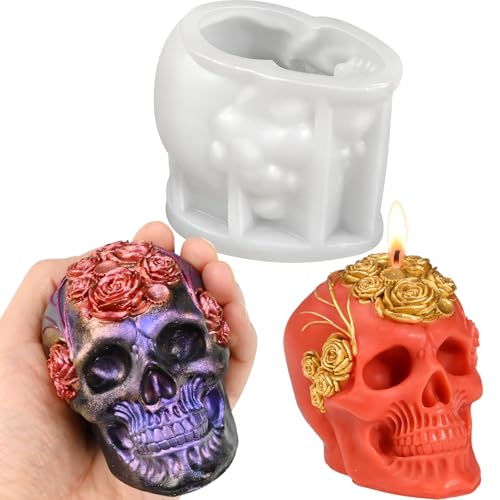 Skull Molds for Resin, 3D Rose Style Skull Head Casting Molds | Soft Skull Silicone Mold for Candle Making, Epoxy Resin Craft, Handmade Soap, Plaster Clay, Halloween Party Gifts Home Decor - color: Silicone Skull Molds