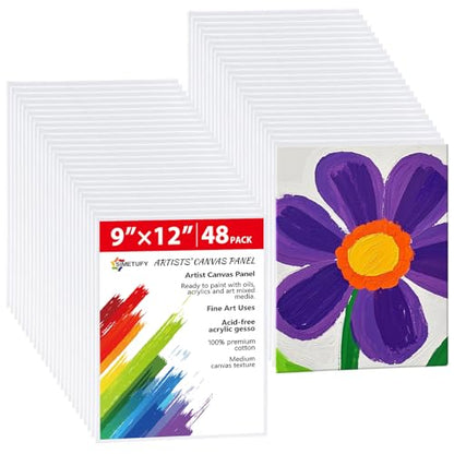 48 Pack 9x12 Inch Canvas Boards, Flat Art Canvas Panels | Pre-Primed for Acrylic Painting, 3mm Thick 100% Cotton for Students & Beginners - size: 9"x12"- 48pcs