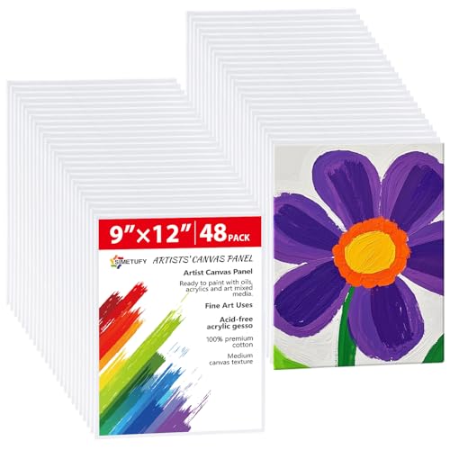 48 Pack 9x12 Inch Canvas Boards, Flat Art Canvas Panels | Pre-Primed for Acrylic Painting, 3mm Thick 100% Cotton for Students & Beginners - size: 9"x12"- 48pcs