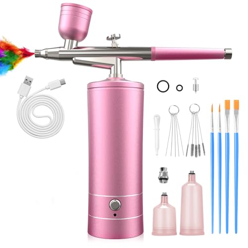 Airbrush Kit with Compressor, Bornbyme Airbrush for Nails Paint Sprayer DIY Air Brush Spray Gun for Painting, Ombre Nails, Makeup, Cake Baking, Barber and Tattoo, Pink - color: Pink-1