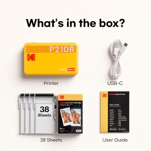 KODAK Mini 2 Retro 2x3 Portable Photo Printer, 4PASS, 38 Sheets, Black | Bluetooth, iPhone & Android Smartphone Compatible, Smudge-Proof, Water-Resistant, Fade-Resistant - color: Black, size: Printer + 38 Sheets