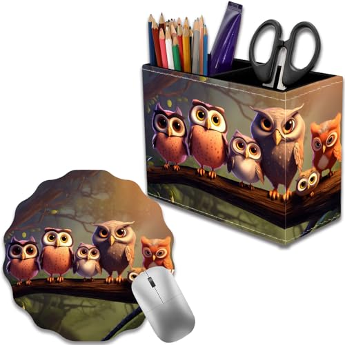 Pen Holder for Desk, PU Leather Multifunctional Desktop Storage Box and Anti-Slip Mouse Pad Set, Makeup Brush Holder Pen Organizer for Office and Home - Cute Owl - color: Cute Owl