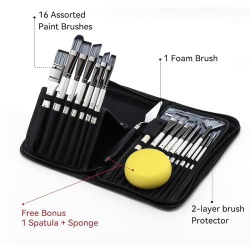 Transon 20Pcs Art Paint Brush Kit with Storage Case, 16 Brushes + Foam Brush Spatula Sponge for Acrylic Oil Watercolor Gouache, Adults Teens Beginners Art Supplies - color: White