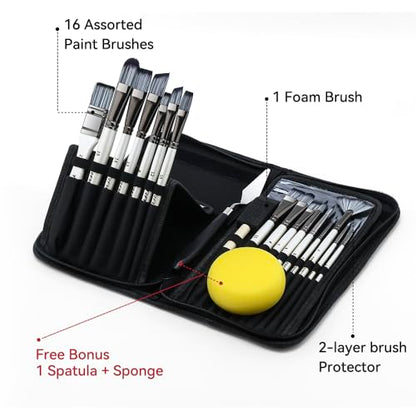 Transon 20Pcs Art Paint Brush Kit with Storage Case, 16 Brushes + Foam Brush Spatula Sponge for Acrylic Oil Watercolor Gouache, Adults Teens Beginners Art Supplies - color: White