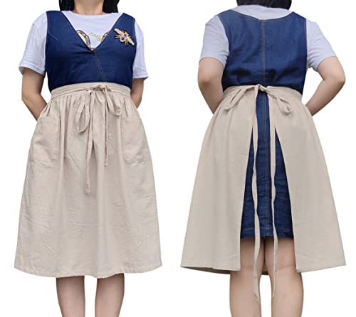 Unisex Chef Aprons White Retro Cotton Maid Short 2 Pockets Waist Waiter Waitress Half Apron - color: Cotton Beige