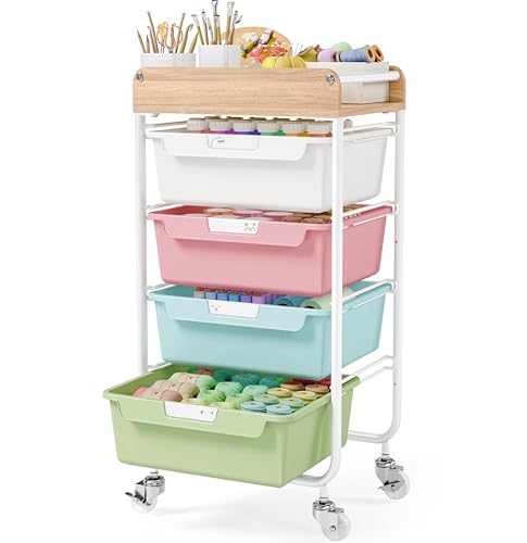 SYKIARIOL Rolling Craft Storage Cart with 4 Drawers,Kid Craft Cart,Colorful | Utility Cart with Drawers,Art Craft Organizers and Storage,Kids Art Cart With DIY Lable and Wooden Tabletop Area - color: Colorful, size: 4-Drawer