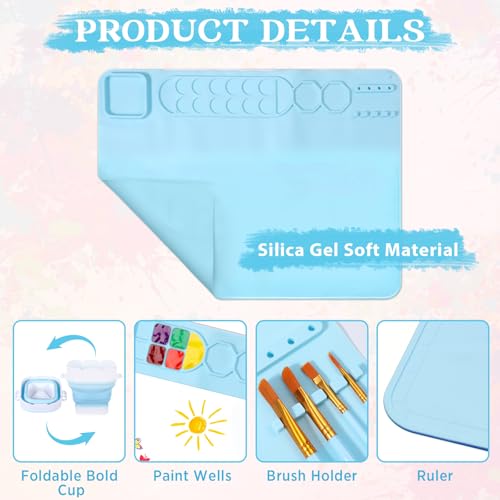 Painting Station Paint Brush Cleaner 20"X16" Silicone Paintings Mat with Cup and Paint Holder 10 Paintings Brushes Children's Painting Set Art Supplies for Kid School Gifts DIY Crafts (Blue Pink) - color: Blue Pink