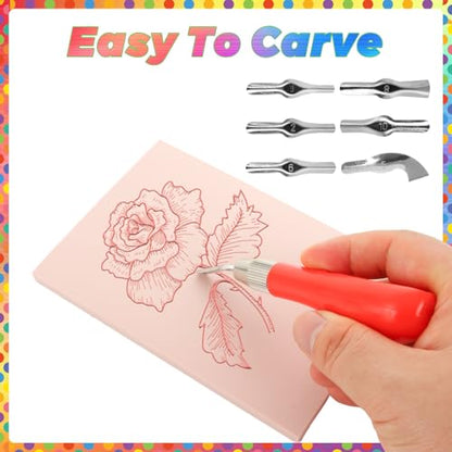 8Pcs Linoleum Blocks for Printmaking, 4 x 6 Rubber Carving Block, Stamp Carving Kit, Rubber Stamp Kit with Cutter Tools for Stamp Carving, DIY Printmaking Pink
