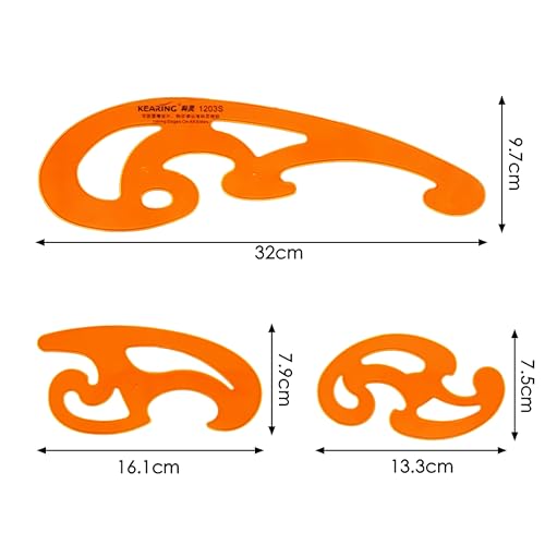 KEARING 3Pcs Hard Plastic French Curve Ruler Set - Orange Ink Groove Sewing - style: 1203S