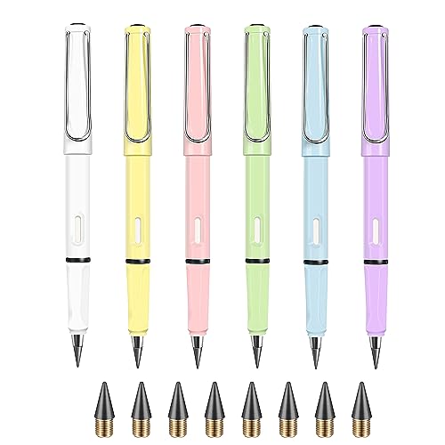 6 Sets Everlasting Pencil, Infinity Pencil, No-Sharpening Pencils for Writing, Drawing, Students, Home, Office, School (6 Pencils + 6 Erasers + 8 Replaceable Nibs), Macaroon - color: Macaroon