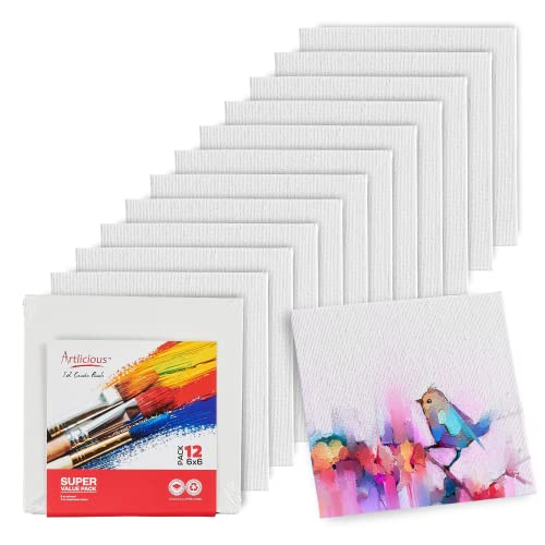 Artlicious Small Canvases for Painting - Pack of 12, 6 x 6 Inch Blank White Canvas Boards - 100% Cotton Art Panels Mini Canvas Bulk for Oil, Acrylic & Watercolor Small Canvas for Painting - size: 6x6" - 12Pcs