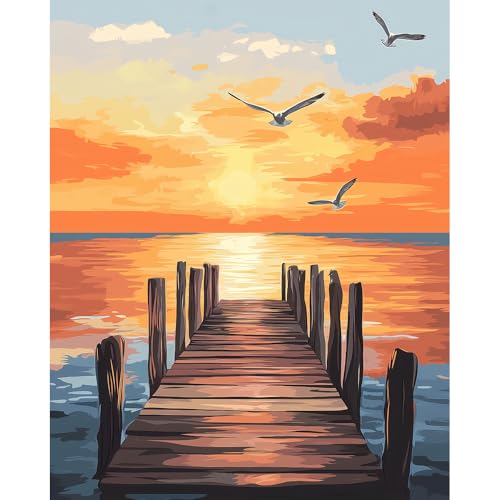Natuyalo Paint by Numbers Kit for Adults Beginner, Sunset Landscape Adult Paint by Number Kits on Canvas, Sea Wharf DIY Acrylic Easy Painting by Numbers for Home Wall Decor 16x20 inch (Without Frame) - color: Color-05