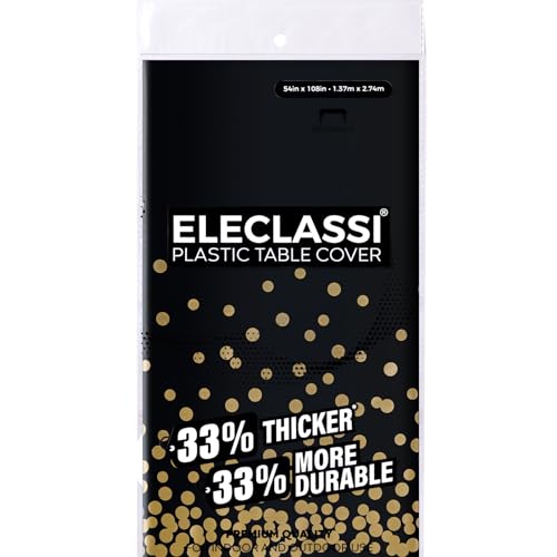 Eleclassi Black and Gold Dot 6 Pack Premium Disposable Plastic Tablecloth 54 x 108 in - Polka Dot Plastic Table Cloth Disposable Tablecloth for Rectangle Table up to 8 Feet - color: Black With Gold Dot