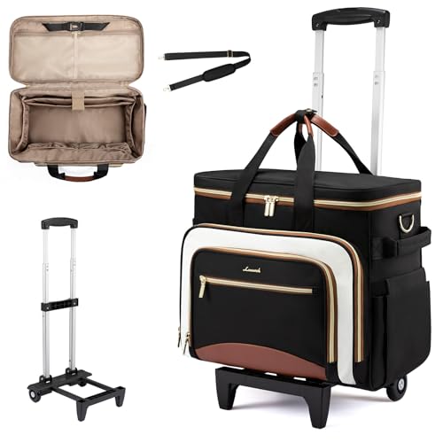 LOVEVOOK Rolling Teacher Bag, Laptop Tote with Detachable Dolly | Fits 17.3 Inch Laptop, Detachable Dolly, Large Rolling Tote Bag for Teacher Office Work Nurse, Adjustable Handle - color: Black-beige-brown