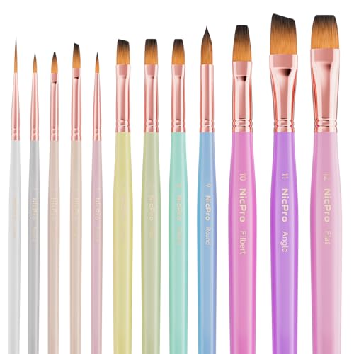 Nicpro 12pcs Artist Paint Brush Set, Paint Brushes for Acrylic Painting | Aesthetic Pastel Paintbrushes for Acrylic Oil Watercolor, Gouache, Craft, Face, Body, Art Supplies for Artists and Beginners - color: Macaron