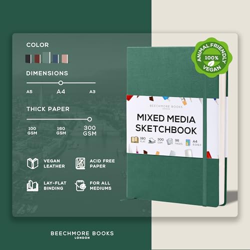 Beechmore Books A4 8.5x11 Mixed Media Sketchbook 300 GSM/140lb | Heavyweight Hardcover Art Notebook, 48 Micro-Perforated Pages Ivory Journal, Art Supplies for Painting, Acrylics & Wet Media - color: Dartmouth Green, size: A4 - 8.5" x 11.5" Large